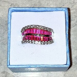 4 ROW ETERNITY PINK SAPPHIRE & DIAMOND  STERLING SILVER RING STAMPED .925 SIZE